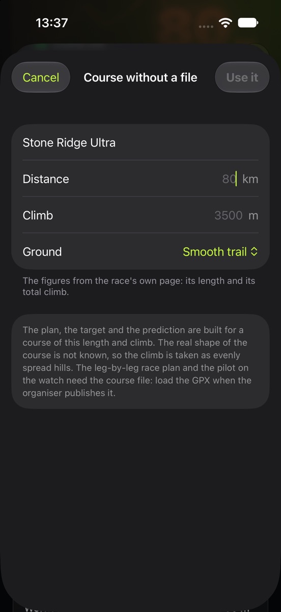 Entering a race without a course file: its name, distance 80 km, climb 3500 m, and the ground: smooth trail.