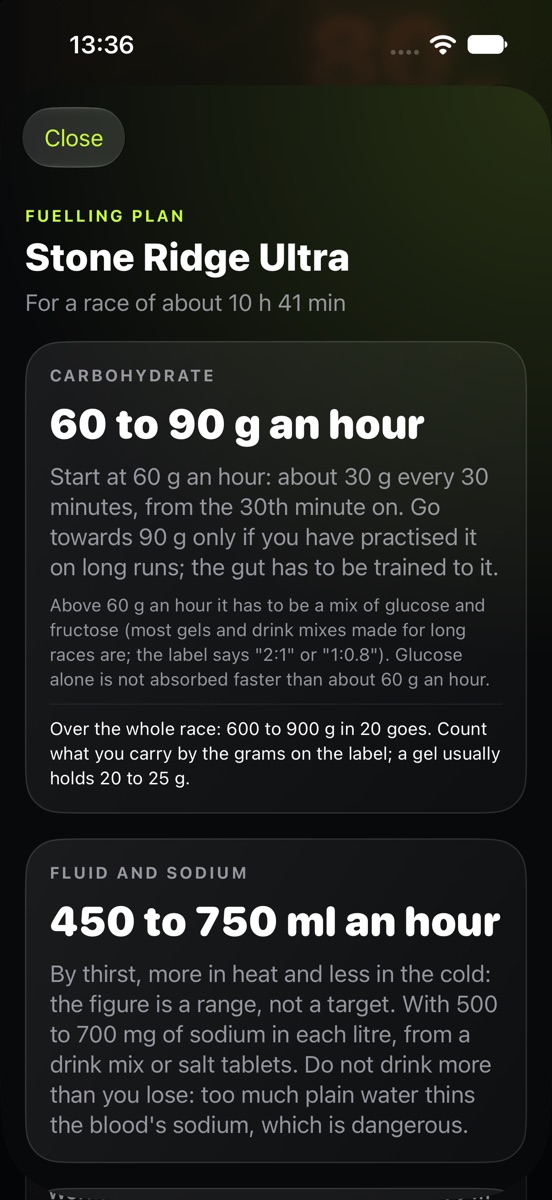 The fuelling plan for an 80 km mountain race: 60 to 90 grams of carbohydrate an hour and 450 to 750 millilitres of fluid an hour.