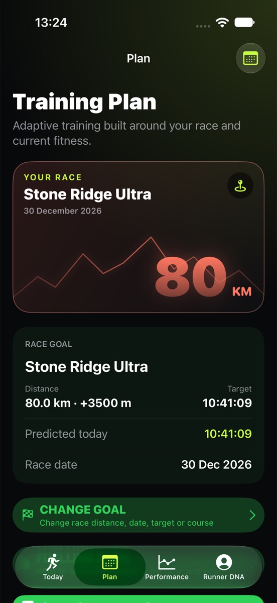 A mountain race in the app: an 80 km ultra with 3500 metres of climbing, drawn over a ridge line, with its target time.