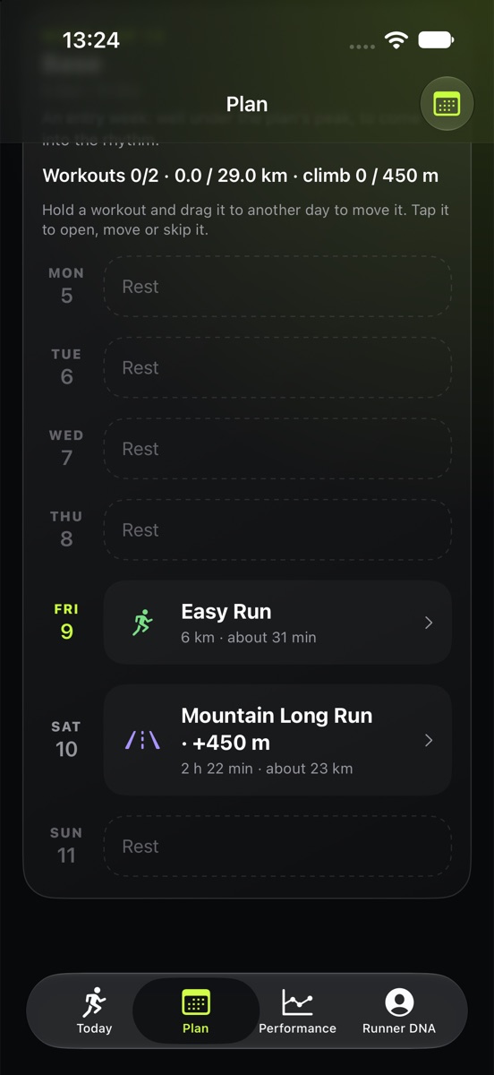 A week of a mountain plan: an easy run and a mountain long run of 2 hours 22 minutes with 450 metres of climbing.