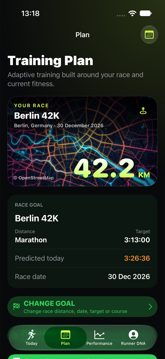 A road race in the app: a marathon on a glowing map of its city with the distance, 42.2 km, the target time and today's predicted time.