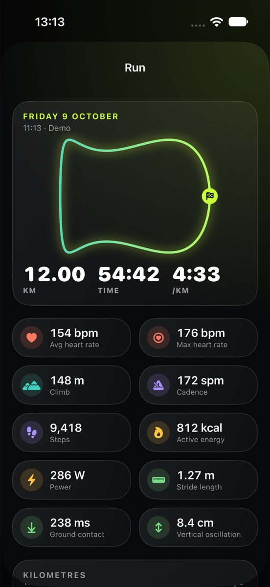 A run: its route as a glowing line, 12.00 km in 54:42 at 4:33 per kilometre, and tiles with heart rate, climb, cadence, steps and more.