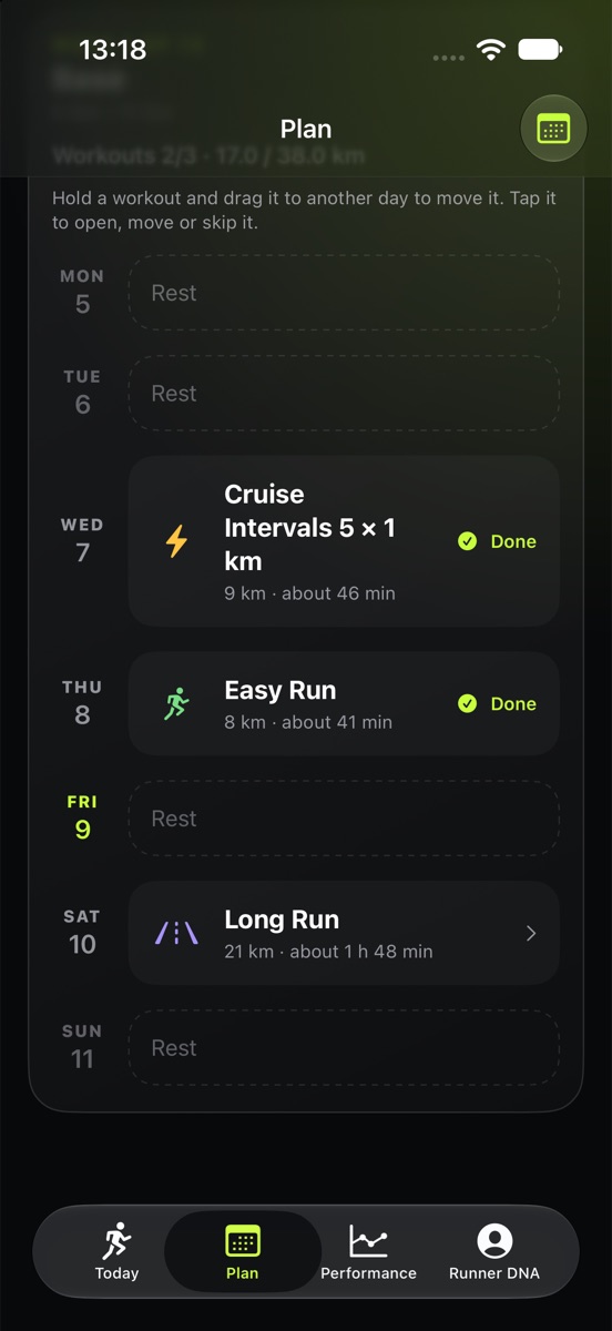 A week of the plan: rest days, interval session and easy run marked done, long run still to come.
