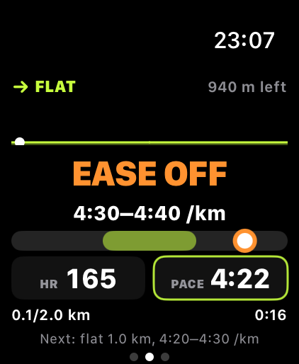 The pilot showing EASE OFF: the runner's pace of 4:22 is faster than the target range of 4:30 to 4:40.