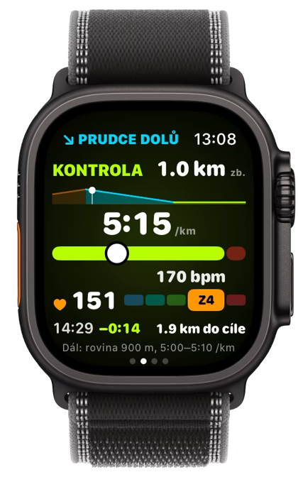 KONTROLA na hodinkách na prudkém seběhu se stropem tepu 170.