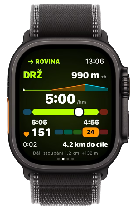 Závodní pilot na Apple Watch Ultra 3: DRŽ při tempu 4:45 na kilometr na rovině, se zbytkem úseku a trasy.