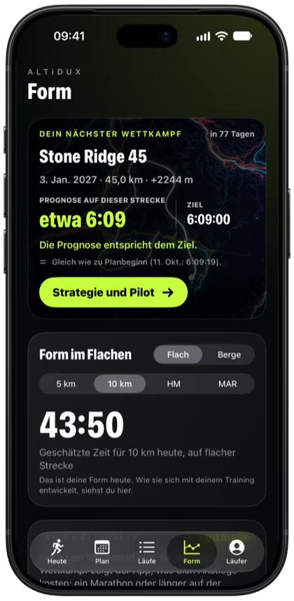 Form in ALTiDUX: der nächste Wettkampf auf seinem eigenen Bild, die Prognose neben dem Ziel.