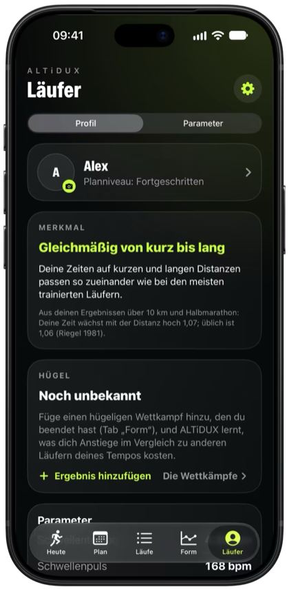Der Läufer-Bildschirm: Profil, Merkmal, Anstiege und Parameter.