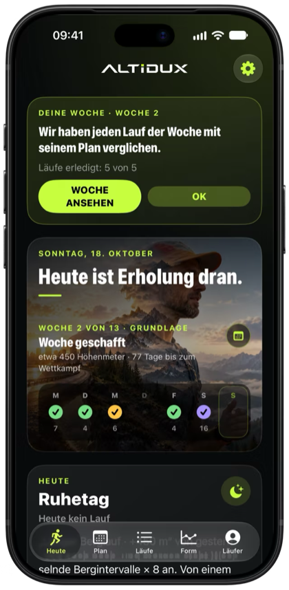 Heute: die Woche auf einen Blick und die heutige Einheit mit Zeit, Intensität und Höhenmetern.