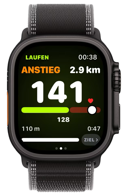 Die Uhr an einem Anstieg: ANSTIEG, nach Puls geführt.