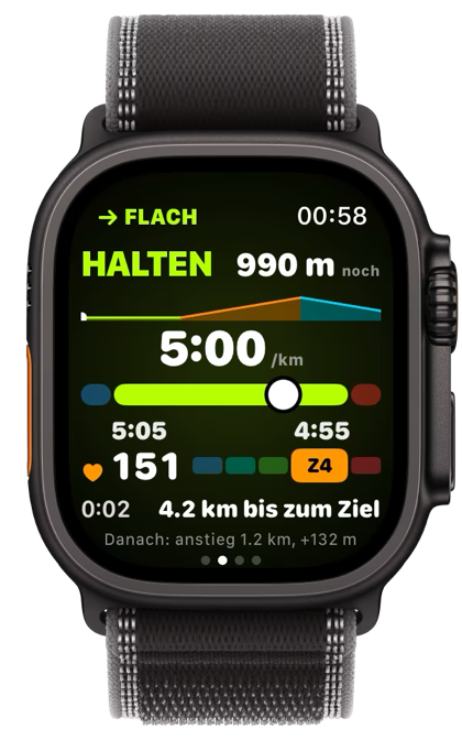 HALTEN auf der Uhr: 4:45 pro Kilometer, im Bereich.