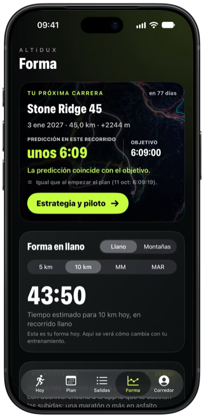 La forma en ALTiDUX: la próxima carrera con su propia imagen y la predicción junto al objetivo.