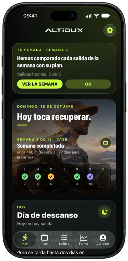 Hoy: la semana de un vistazo y el entrenamiento de hoy con su duración, intensidad y desnivel.