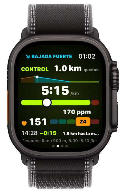 CONTROL en el reloj en una bajada empinada, con un límite de FC de 170.