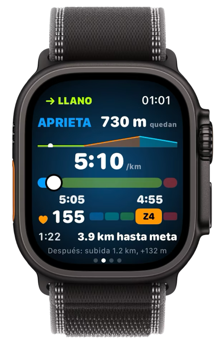 APRIETA en el reloj: 5:20 el kilómetro frente a un rango de 4:55 a 5:05.