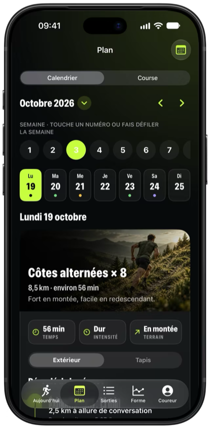 Une semaine du plan dans ALTiDUX avec ses jours et la sortie longue en montagne du jour.