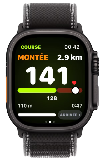 La montre dans une montée : MONTÉE, guidée à la FC.