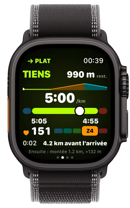TIENS sur la montre : 4:45 au kilomètre, dans la plage.