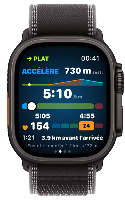 ACCÉLÈRE sur la montre : 5:20 au kilomètre pour une plage de 4:55 à 5:05.