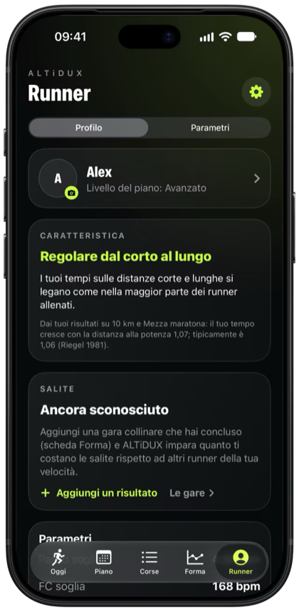 La schermata Runner: il profilo, la caratteristica, le salite e i parametri.