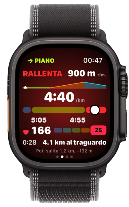 RALLENTA sull'orologio: 4:40 al chilometro, più veloce dell'intervallo.