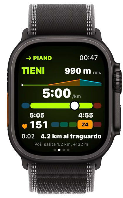 Il pilota di gara su Apple Watch Ultra 3: TIENI a 4:45 al chilometro in piano, con quello che resta di questo tratto e del percorso.