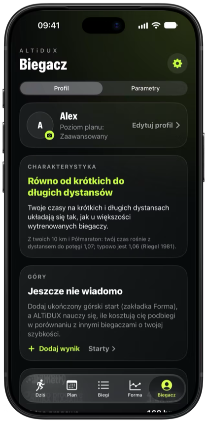 Ekran Biegacz: profil, charakterystyka, podbiegi i parametry.