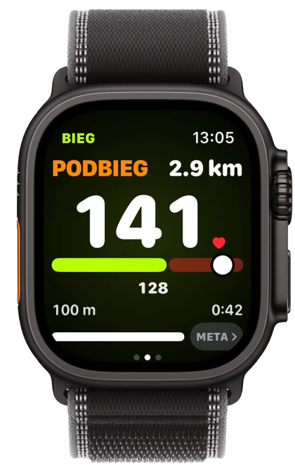 Zegarek na podbiegu: PODBIEG, prowadzony tętnem.