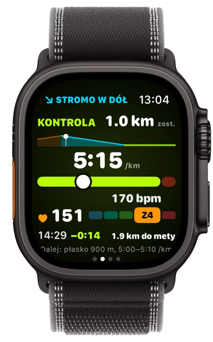 KONTROLA na zegarku na stromym zbiegu, z limitem tętna 170.