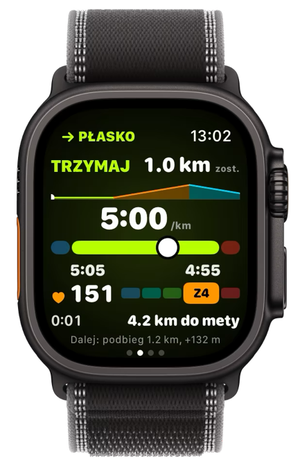 Pilot zawodów na Apple Watch Ultra 3: TRZYMAJ przy tempie 4:45 na kilometr na płaskim, z tym, ile zostało odcinka i trasy.