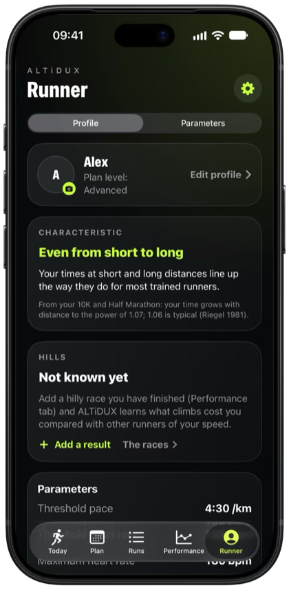 Obrazovka Runner: profil, charakteristika, kopce a parametry.
